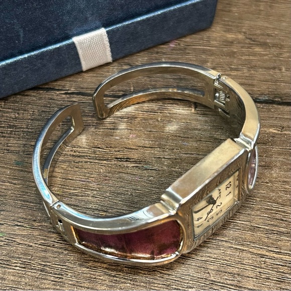 Narmi Stainless Steel Cuff Watch With Purple Leather Mother of Pearl Crystal - Picture 2 of 6